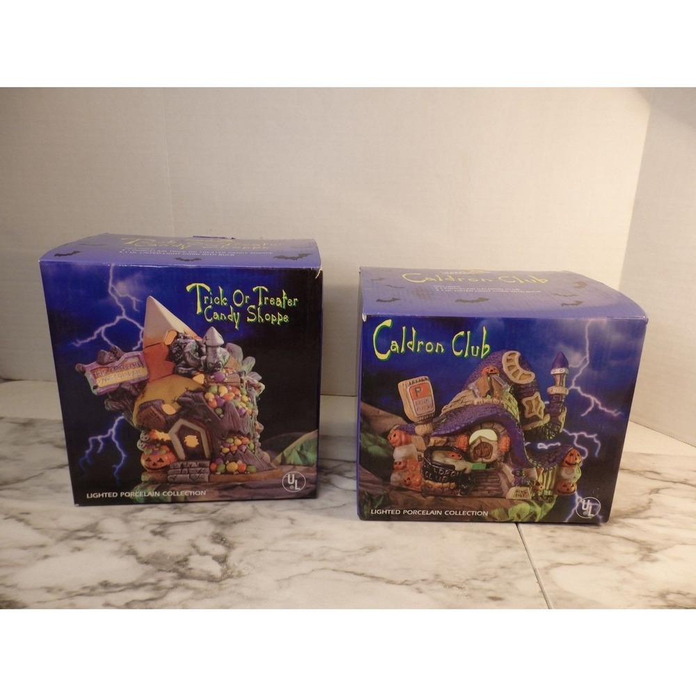 Halloween Lighted Porcelain Village Trick Or Treater Candy Shoppe Caldron Club